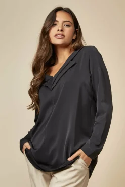 Blouses^Hoxton Gal Oversized Long Sleeve Detail V Neck Top In Black