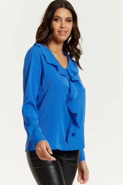 Blouses^Hoxton Gal Oversized Top With Frilled Front In Blue