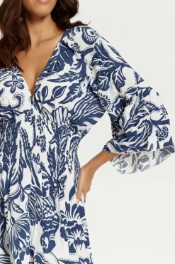 Mini Dresses^Hoxton Gal Oversized V Neck Detailed Floral Print Mini Dress Navywhite