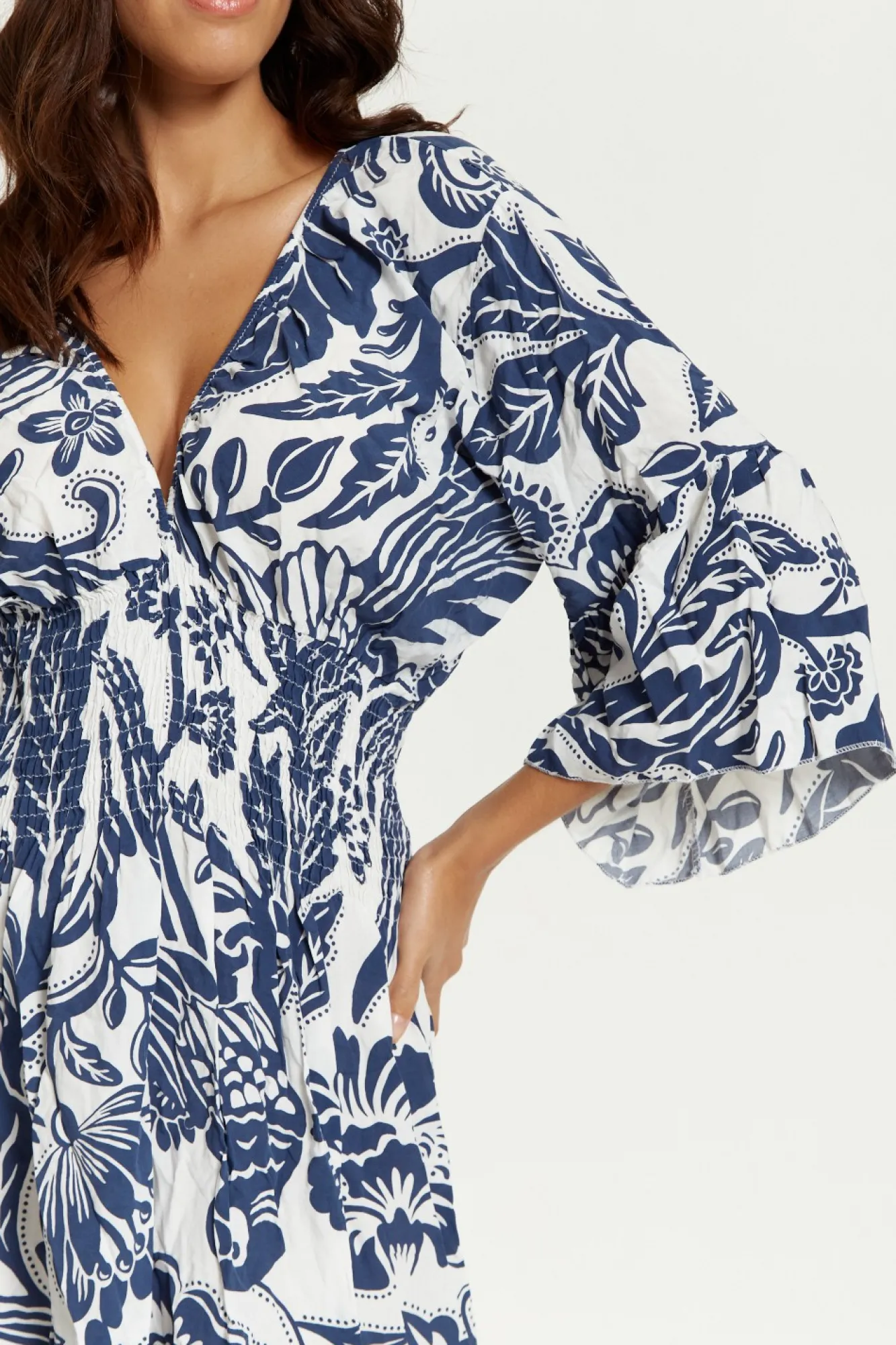 Mini Dresses^Hoxton Gal Oversized V Neck Detailed Floral Print Mini Dress Navywhite
