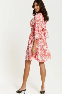 Mini Dresses^Hoxton Gal Oversized V Neck Detailed Floral Print Mini Dress Redwhite