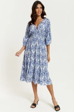 Midi Dresses^Hoxton Gal Oversized V Neck Detailed Printed Midi Dress Blue
