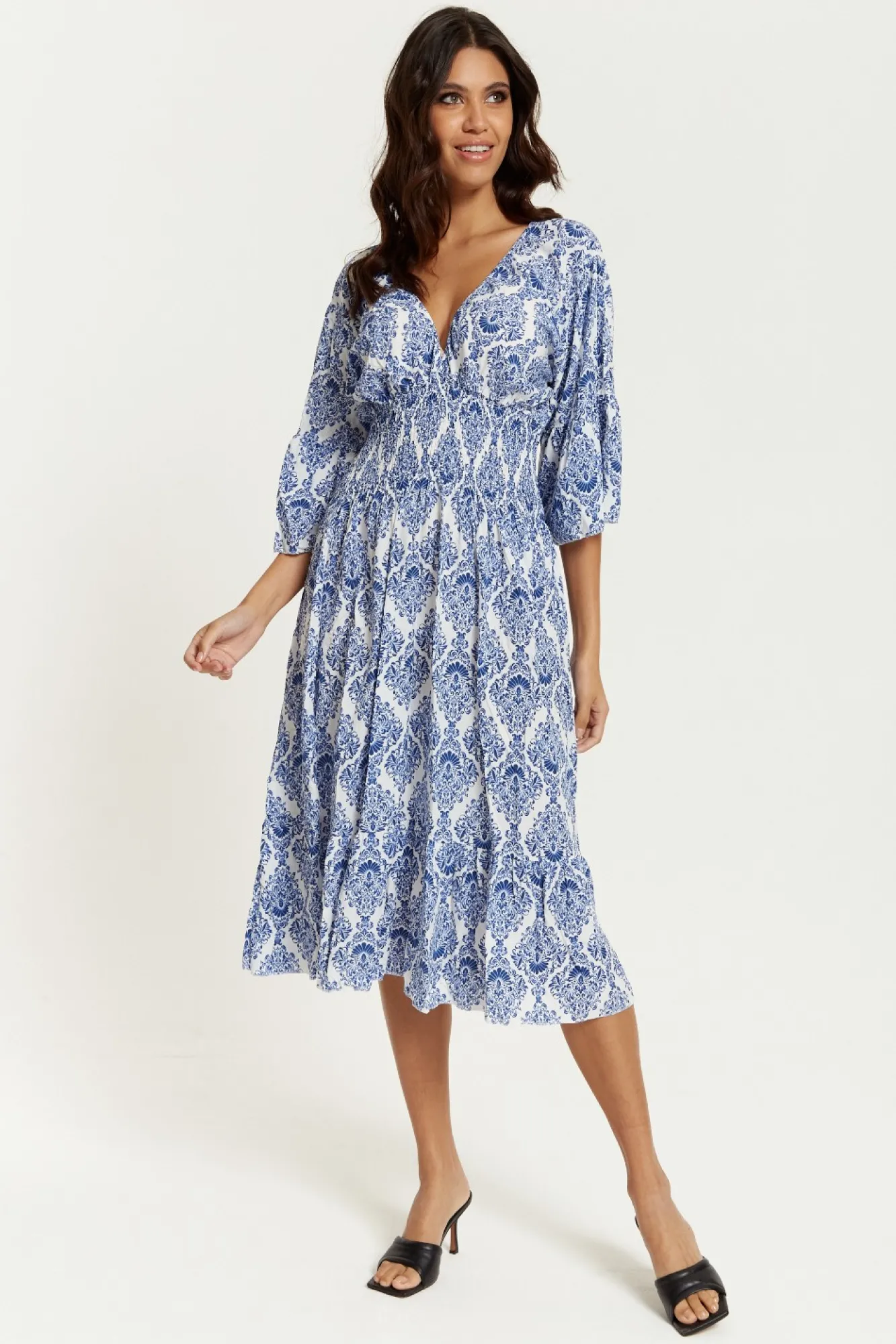 Midi Dresses^Hoxton Gal Oversized V Neck Detailed Printed Midi Dress Blue
