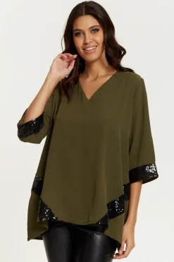 Blouses^Hoxton Gal Oversized V Neck Sequin Detailed Satin Top Khaki