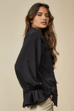 Blouses^Hoxton Gal Ruffle Detail Front And Ruffle Sleeve Shirt Black