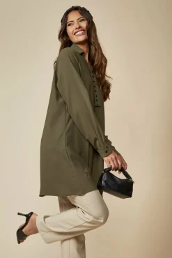 Blouses^Hoxton Gal Tunic Shirt With Button Details In Khaki