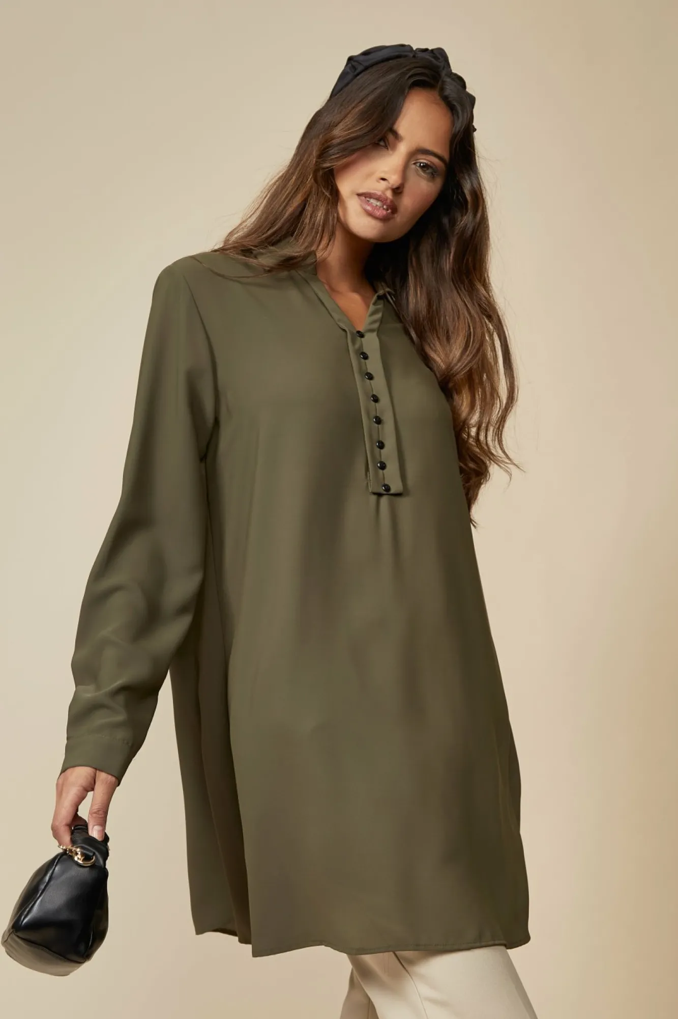 Blouses^Hoxton Gal Tunic Shirt With Button Details In Khaki
