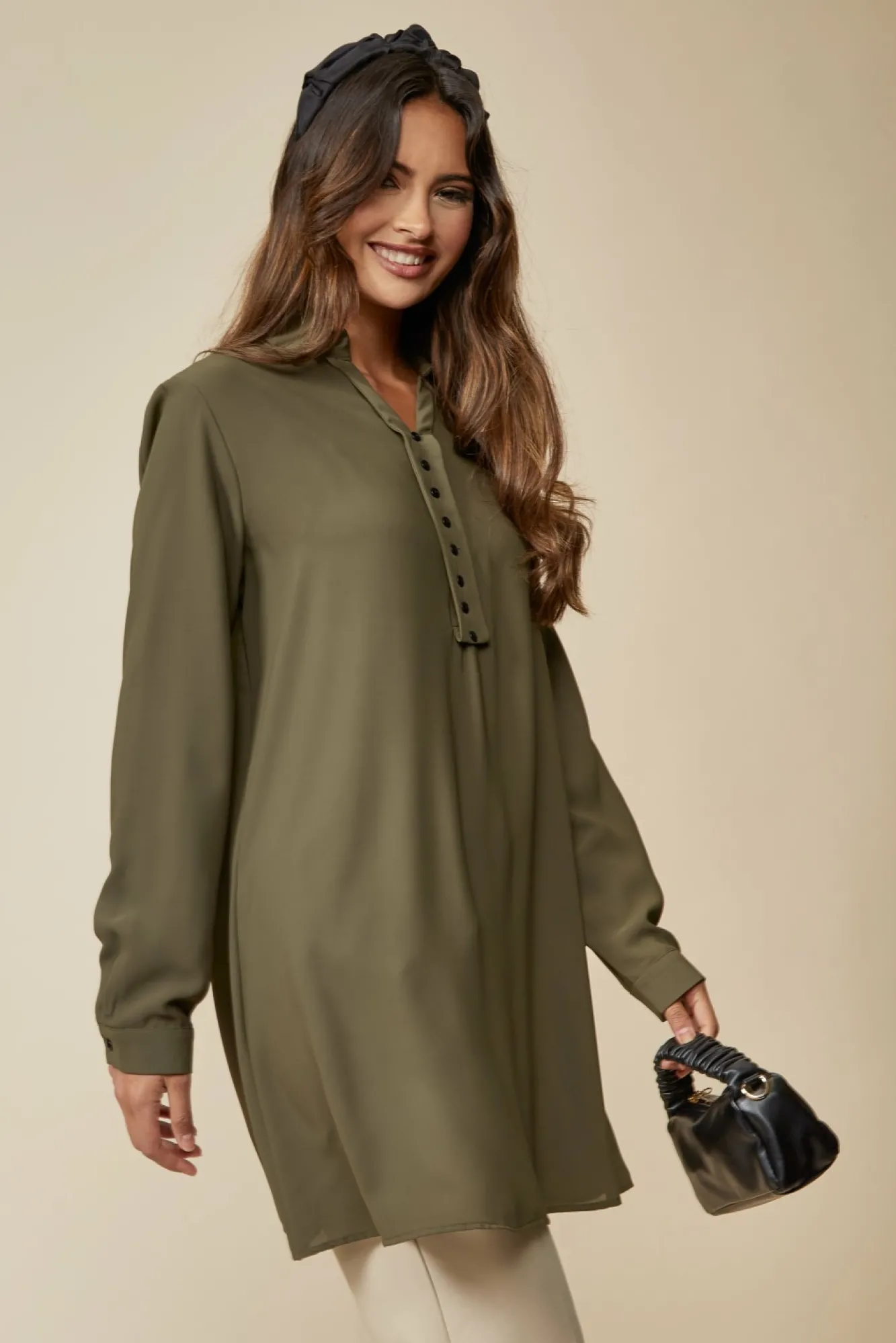 Blouses^Hoxton Gal Tunic Shirt With Button Details In Khaki