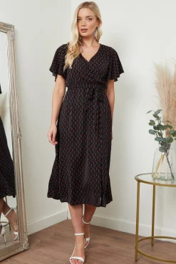Midi Dresses^Lilura London Angel Sleeves Midi Wrap Dress In Floral Black