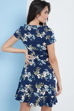 Mini Dresses^Lilura London Blue Floral Wrap Frill Dress Navy
