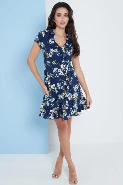 Mini Dresses^Lilura London Blue Floral Wrap Frill Dress Navy