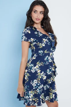 Mini Dresses^Lilura London Blue Floral Wrap Frill Dress Navy