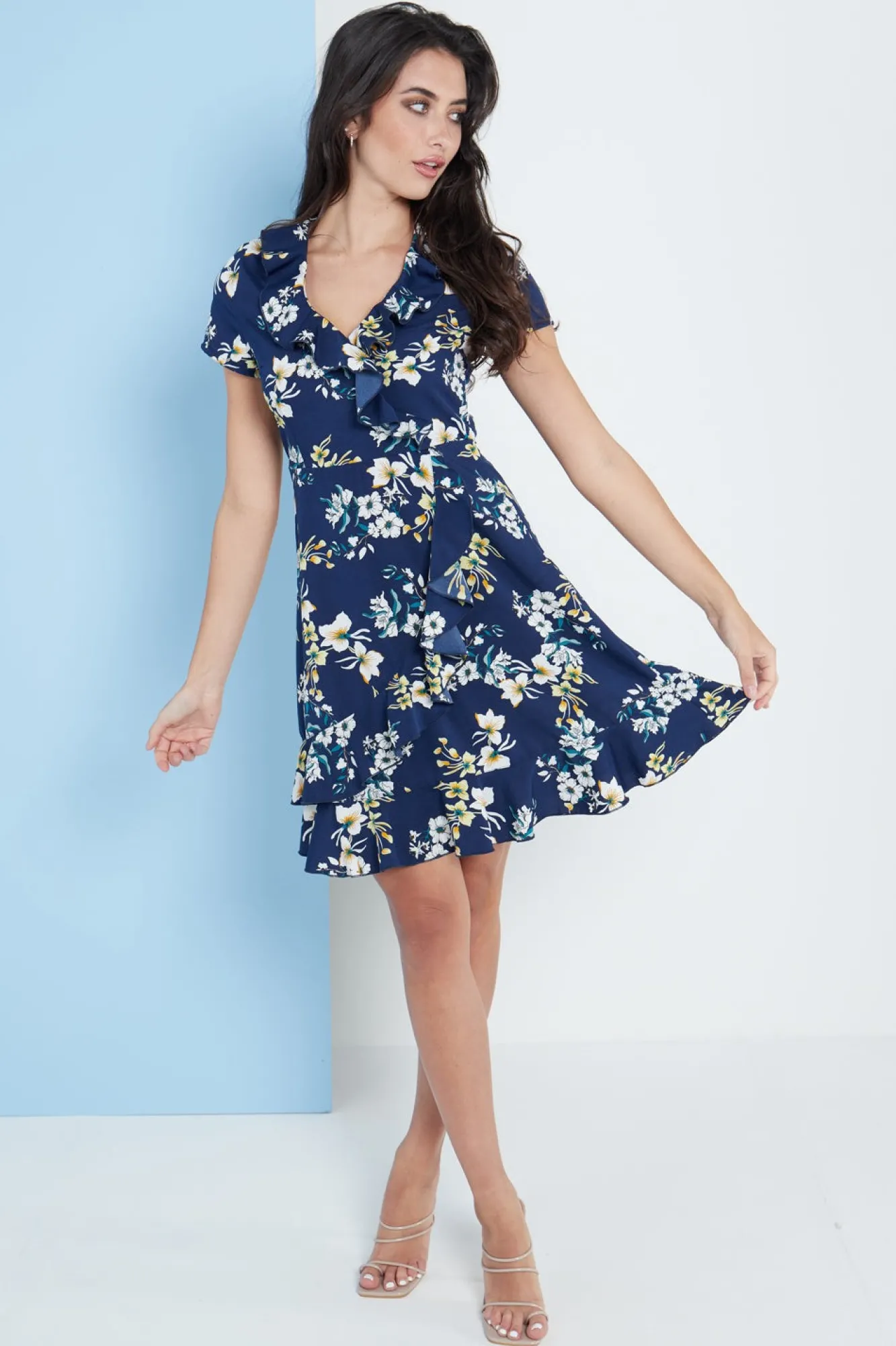 Mini Dresses^Lilura London Blue Floral Wrap Frill Dress Navy