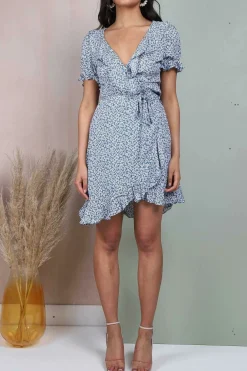 Mini Dresses^Lilura London Floral Frill Wrap Mini Dress Blue