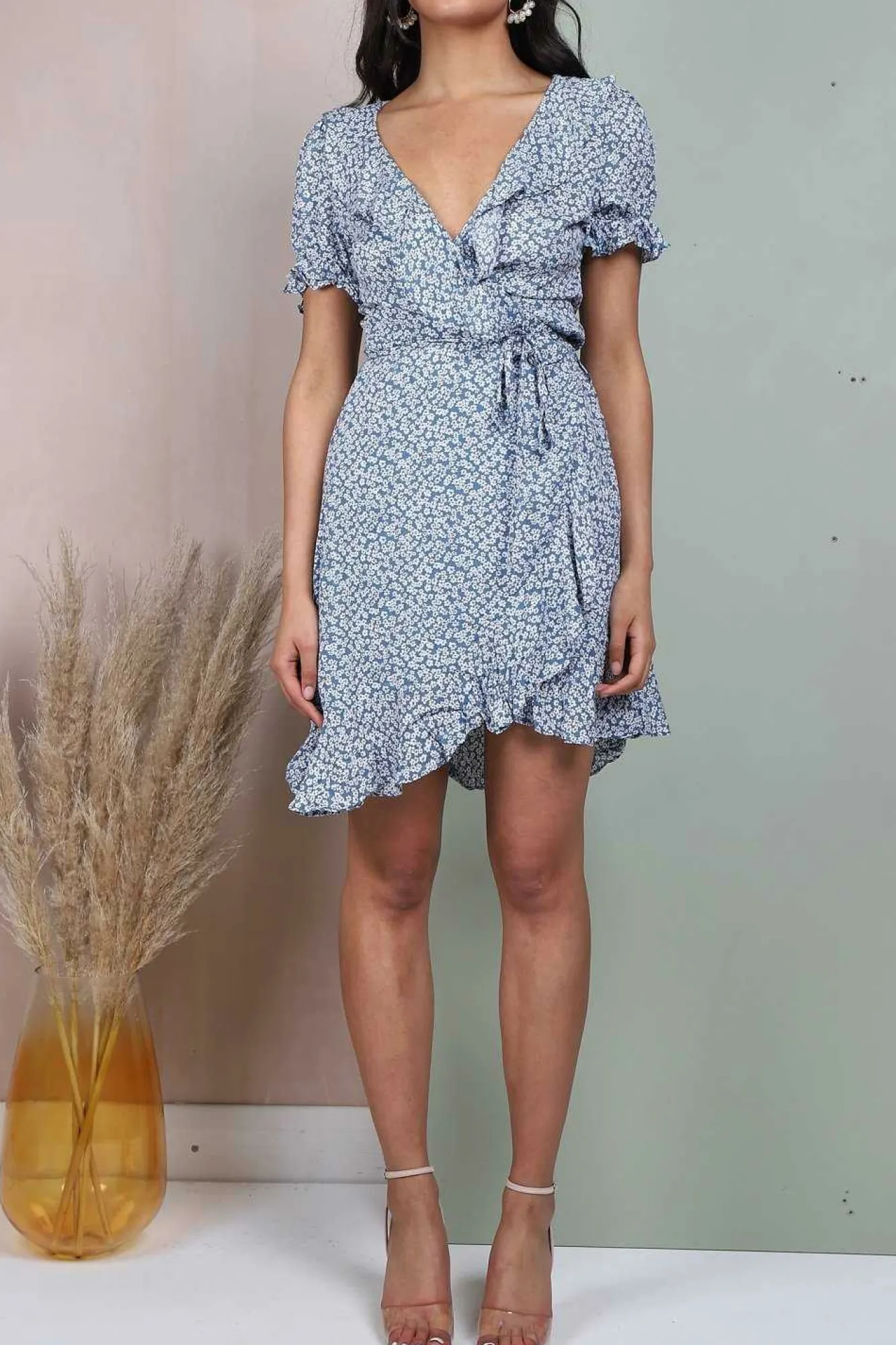 Mini Dresses^Lilura London Floral Frill Wrap Mini Dress Blue