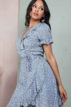 Mini Dresses^Lilura London Floral Frill Wrap Mini Dress Blue