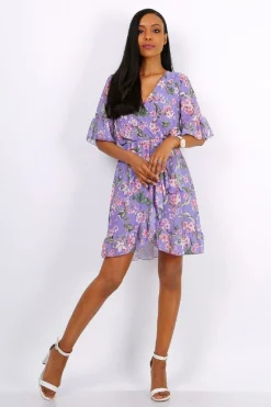 Mini Dresses^Lilura London Mini Wrap Dress With Frill Hem Floral Purple