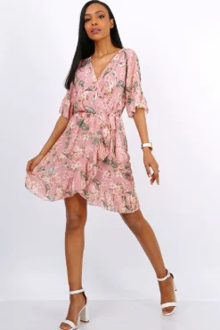 Mini Dresses^Lilura London Mini Wrap Dress With Frill Hem In Floral Pink
