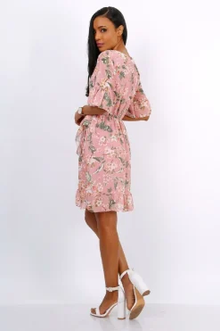 Mini Dresses^Lilura London Mini Wrap Dress With Frill Hem In Floral Pink