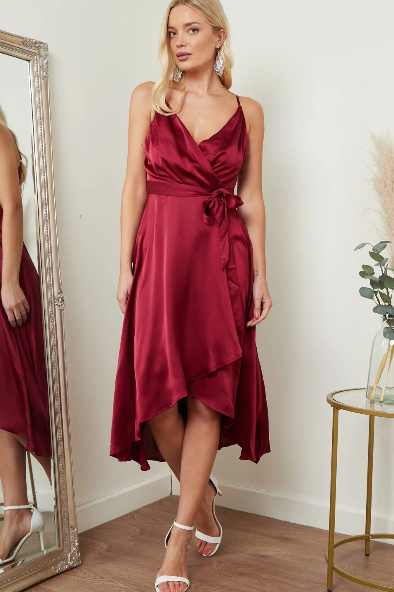 Midi Dresses^Lilura London Satin Cami Wrap Midi Dress Red