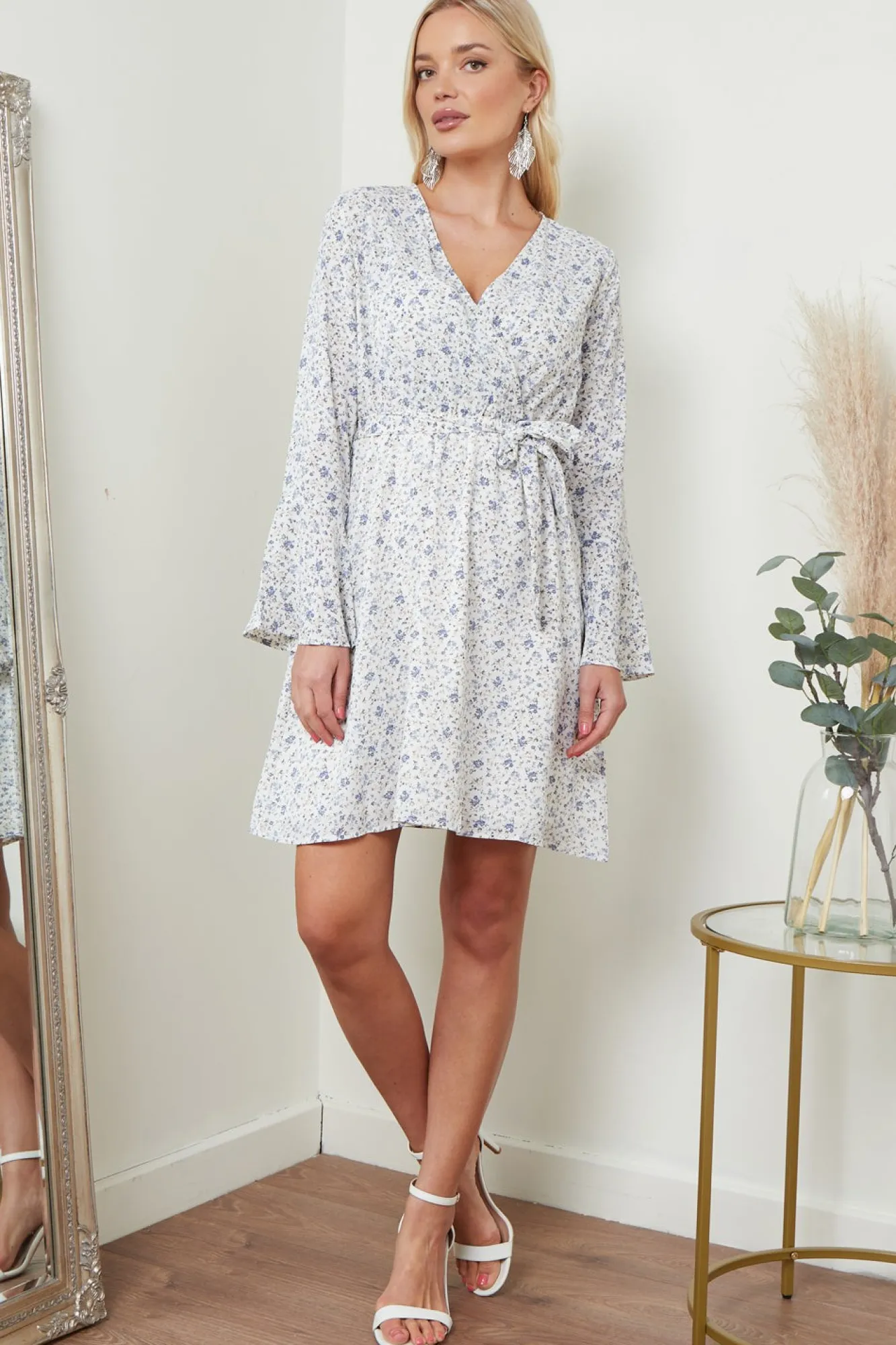 Midi Dresses^Lilura London Wrap Dress With Frill Sleeve In Floral White