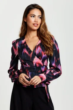 Blouses^Liquorish Abstract Feather Print Wrap Top In And Print Black
