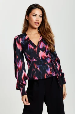 Blouses^Liquorish Abstract Feather Print Wrap Top In And Print Black