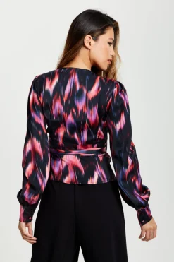 Blouses^Liquorish Abstract Feather Print Wrap Top In And Print Black