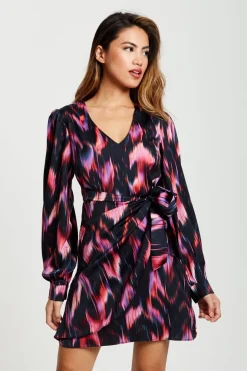 Mini Dresses^Liquorish Abstract Ikat Print Mini Wrap Dress In Black