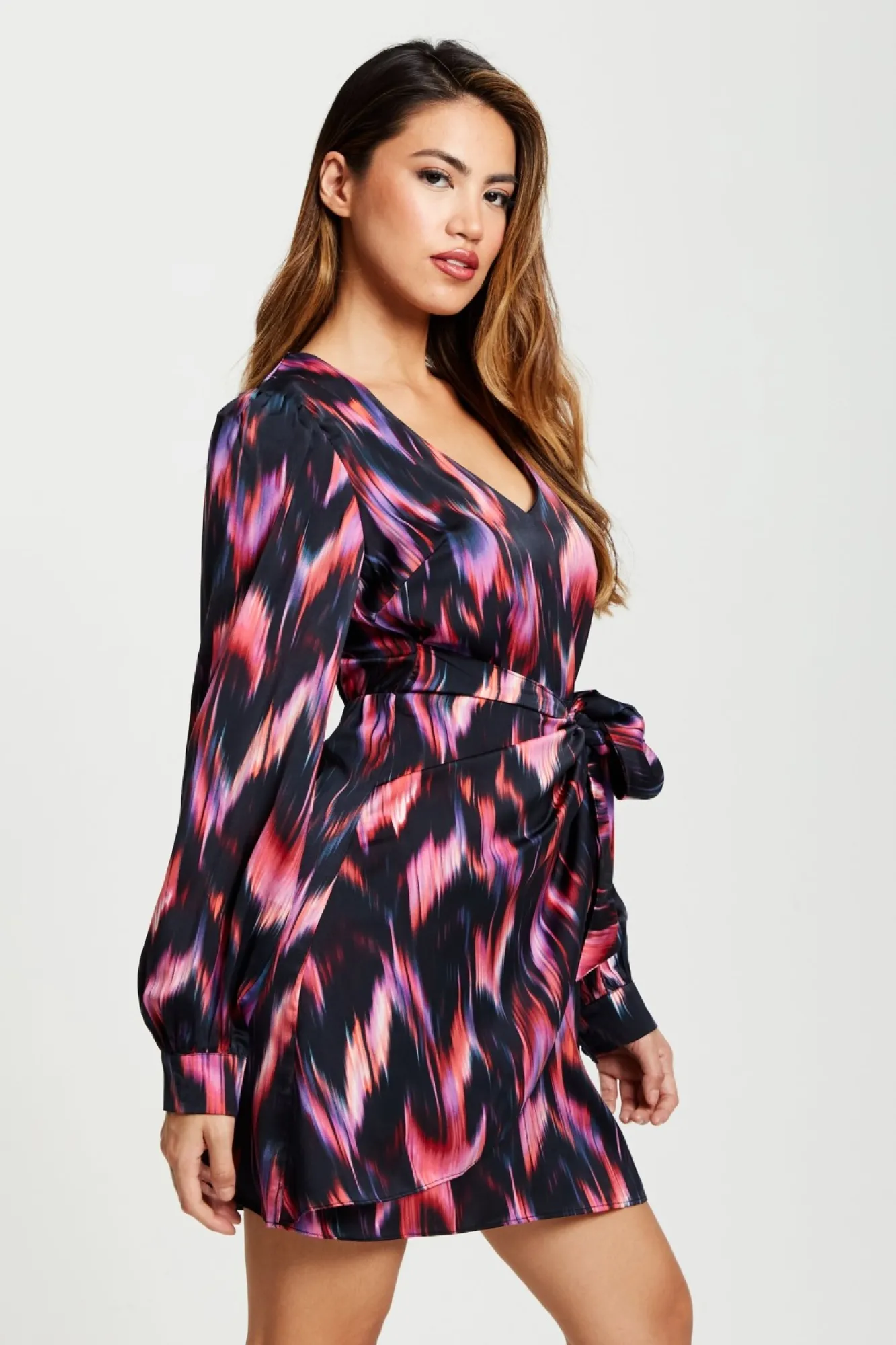 Mini Dresses^Liquorish Abstract Ikat Print Mini Wrap Dress In Black
