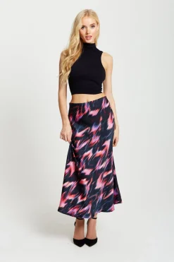 Skirts^Liquorish Abstract Ikat Print Midi Skirt In Black And Pink Blackpink