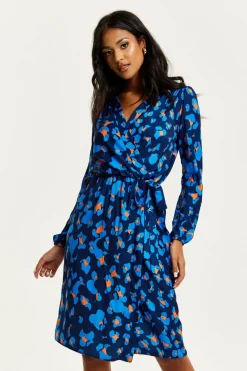 Midi Dresses^Liquorish Abstract Print Midi Fake Wrap Dress Blue