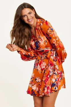 Mini Dresses^Liquorish Abstract Print Mini Wrap Dress Orange
