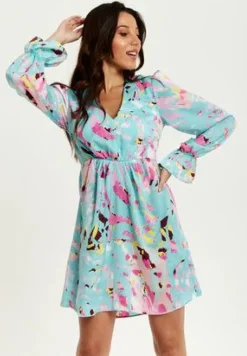 Mini Dresses^Liquorish Abstract Print Mini Dress With Open Back And Long Sleeves Blue
