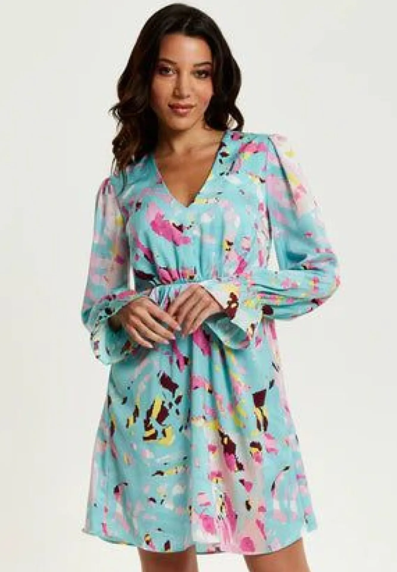 Mini Dresses^Liquorish Abstract Print Mini Dress With Open Back And Long Sleeves Blue