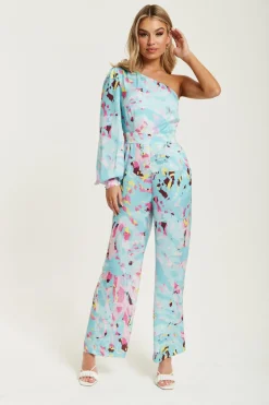 Jumpsuits^Liquorish Abstract Print One Shoulder Jumpsuit Blue