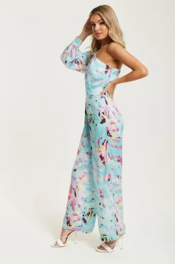 Jumpsuits^Liquorish Abstract Print One Shoulder Jumpsuit Blue