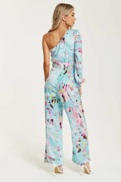Jumpsuits^Liquorish Abstract Print One Shoulder Jumpsuit Blue