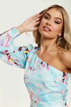 Jumpsuits^Liquorish Abstract Print One Shoulder Jumpsuit Blue