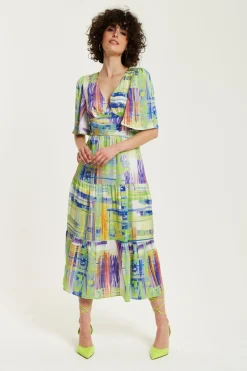 Midi Dresses^Liquorish Abstract Print Midi Dress With Short Sleeves Green