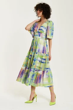 Midi Dresses^Liquorish Abstract Print Midi Dress With Short Sleeves Green