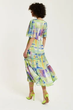 Midi Dresses^Liquorish Abstract Print Midi Dress With Short Sleeves Green