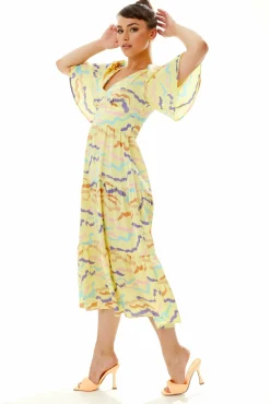 Midi Dresses^Liquorish Abstract Zebra Print Kimono Sleeves Midi Dress Yellow