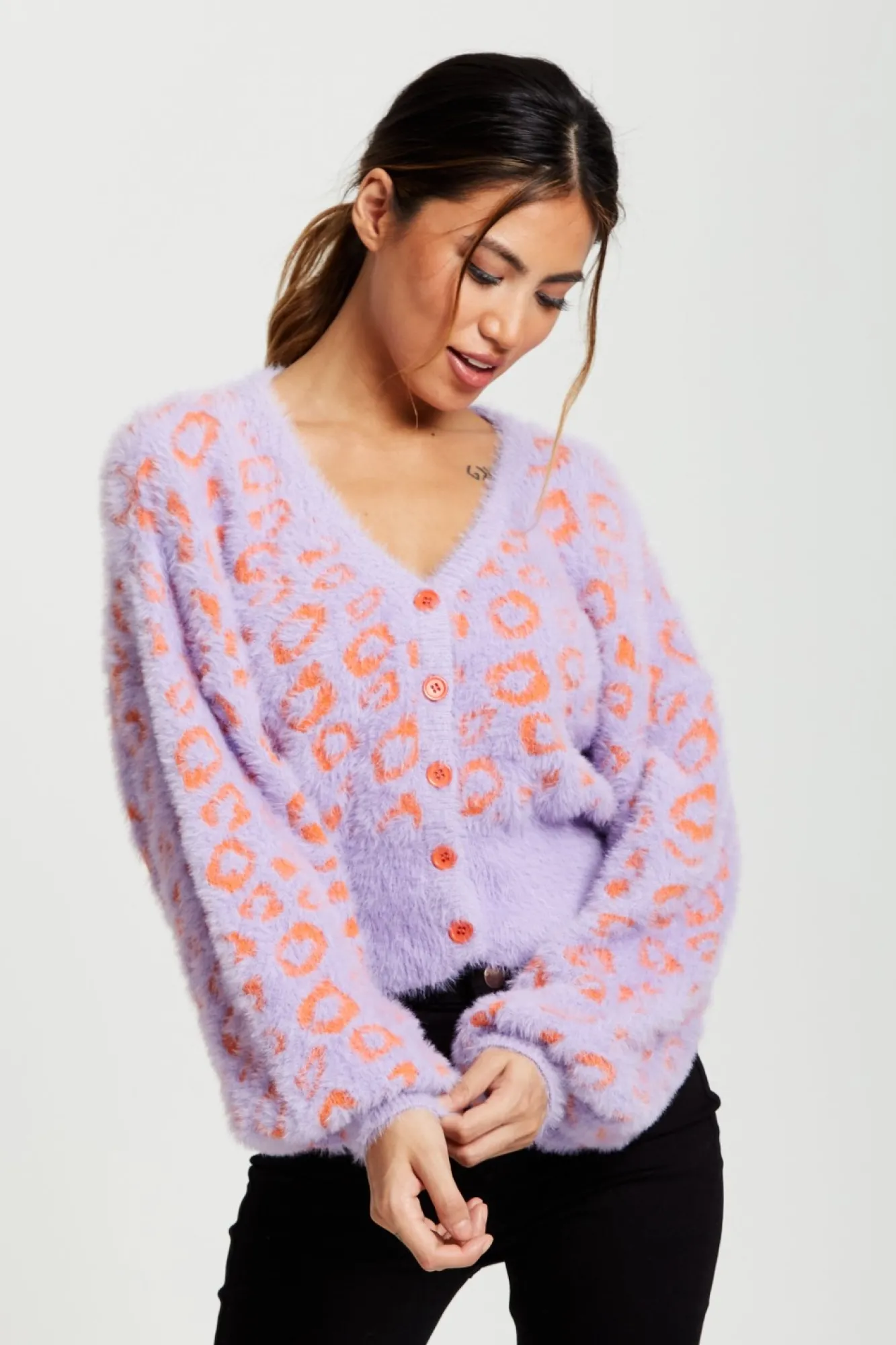 Cardigans^Liquorish Animal Pattern Fluffy Cardigan In Lilac