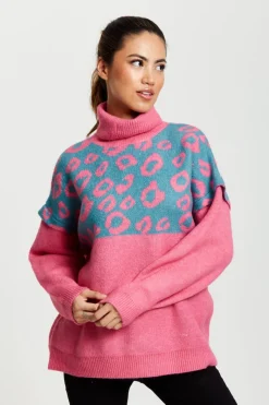 Jumpers^Liquorish Animal Pattern Roll Neck Jumper Pink