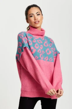 Jumpers^Liquorish Animal Pattern Roll Neck Jumper Pink
