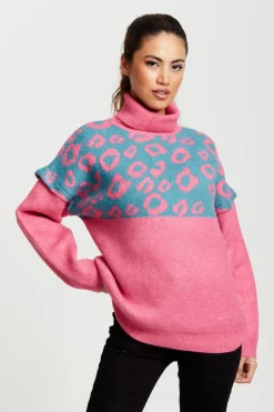 Jumpers^Liquorish Animal Pattern Roll Neck Jumper Pink