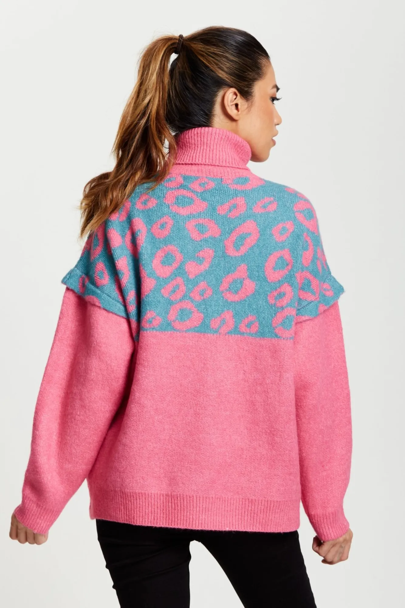 Jumpers^Liquorish Animal Pattern Roll Neck Jumper Pink