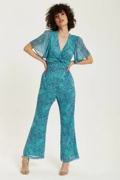 Jumpsuits^Liquorish Animal Print Knot Front Jumpsuit Blue