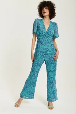 Jumpsuits^Liquorish Animal Print Knot Front Jumpsuit Blue